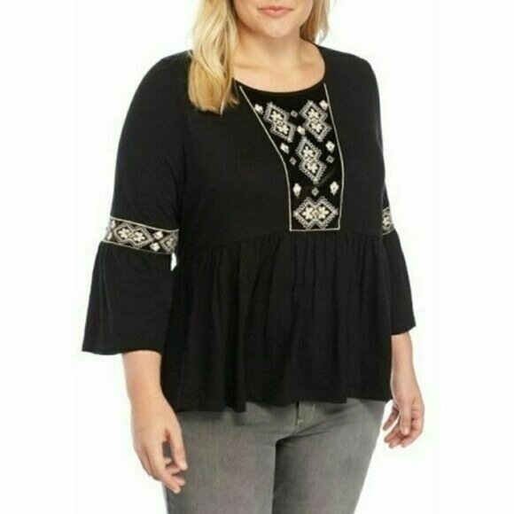 NEW Directions Black Pullover Scoop Neck 3/4 Sleeve Top Shirt Blouse Size 1X NWT - Picture 1 of 11